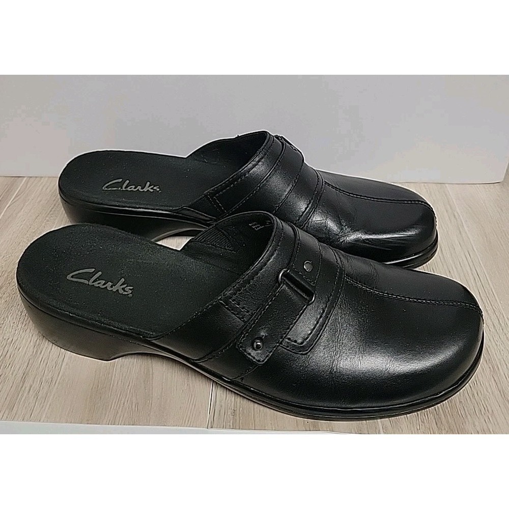 Clarks SZ 10W Black Slip On Mule EUC 84593 Leather Upper Women's
